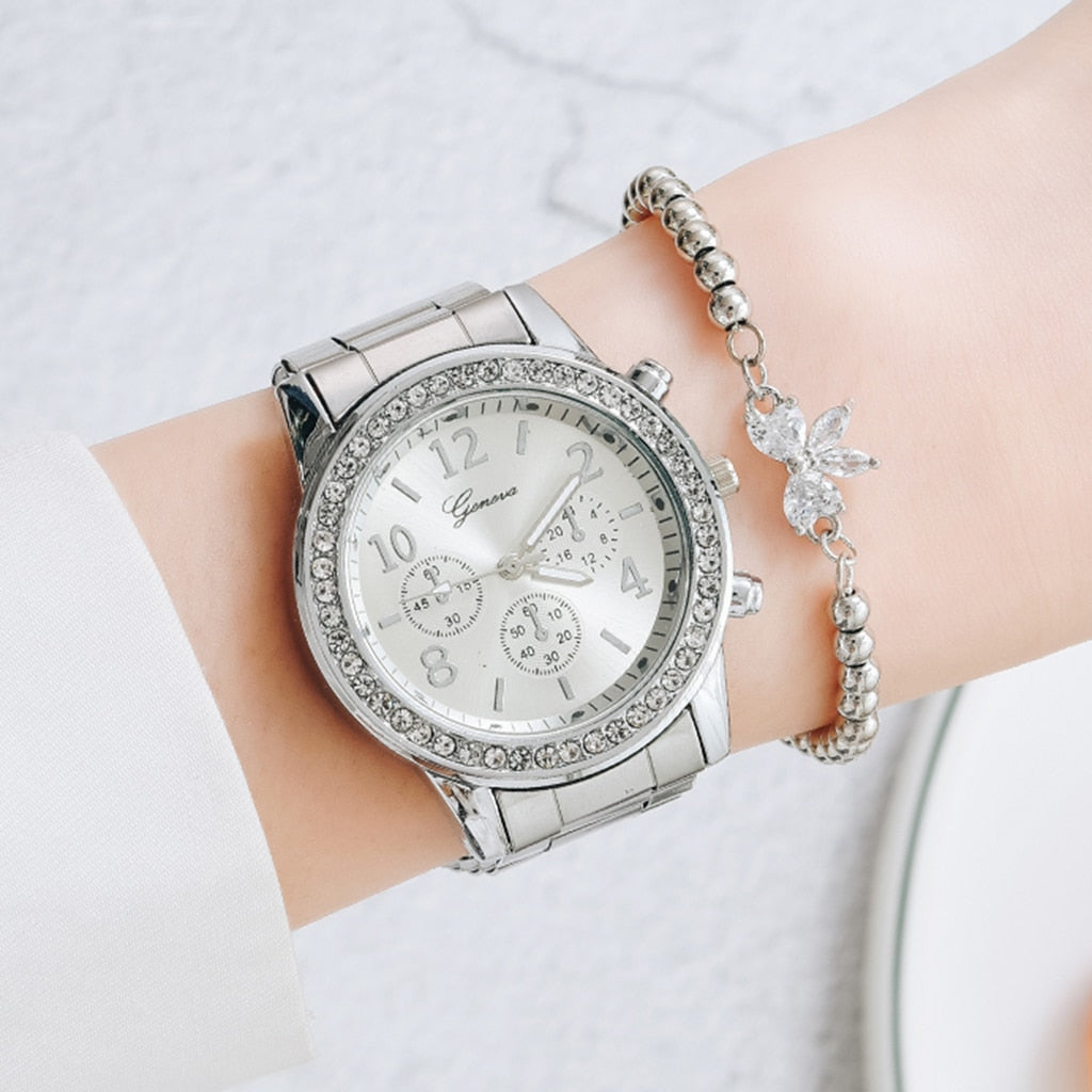 Damski zegarek z cyrkoniami z minimalistyczną bransoletką