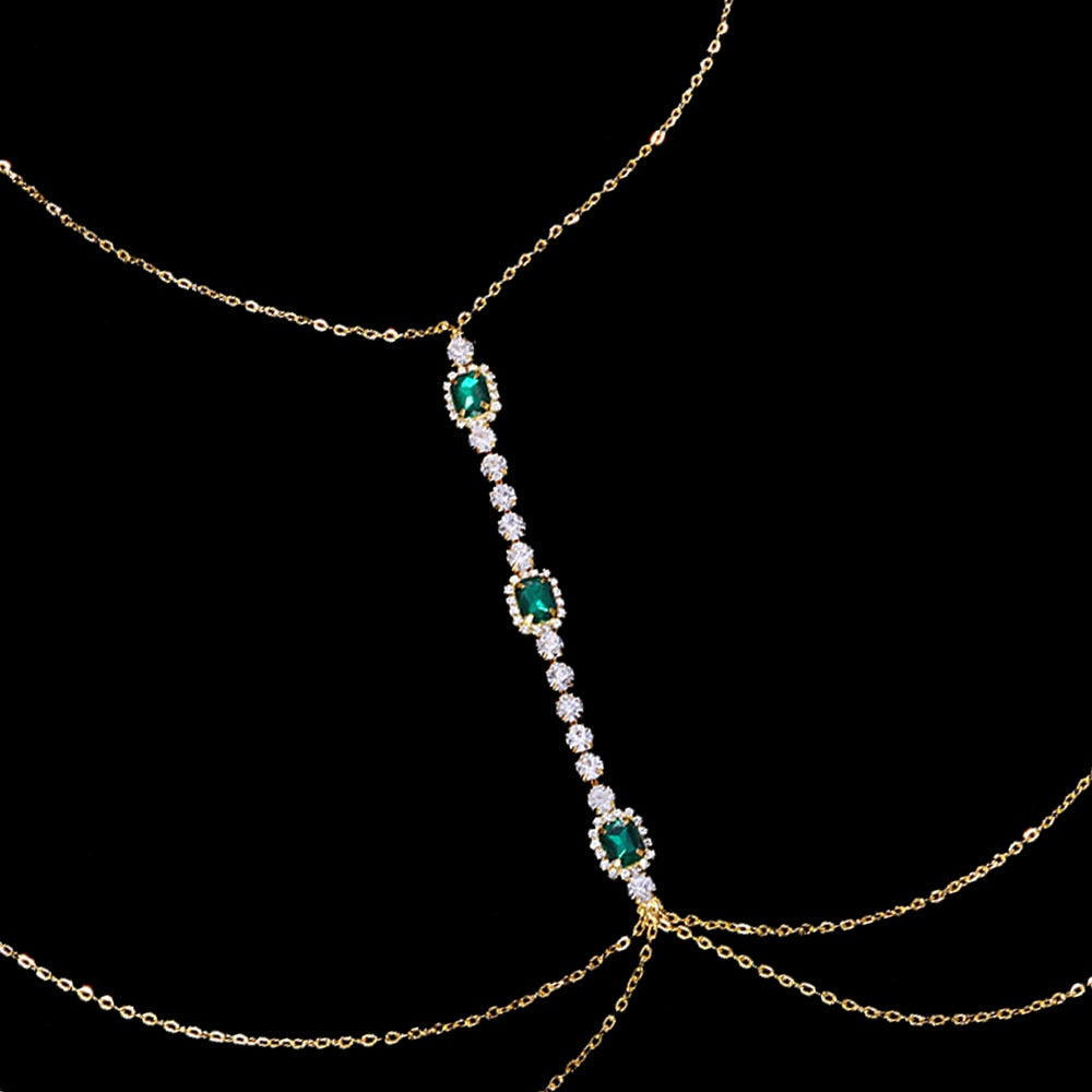 Łańcuszek na klatkę piersiową z cyrkoniami i zielonymi oczkami